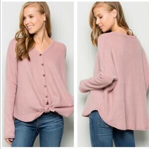 easel Waffle Knit Mauve Tie Front Thermal Top Size Medium